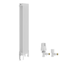 (1500x380mm) Right Radiators Traditional 4 Column Vertical Cast Iron Style Radiator White with Angled Thermostatic Valve