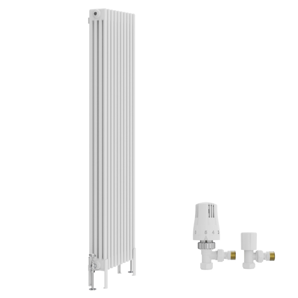 (1800X470mm) Right Radiators Traditional 4 Column Vertical Cast Iron Style Radiator White With Angled Thermostatic Valve 5063767944043