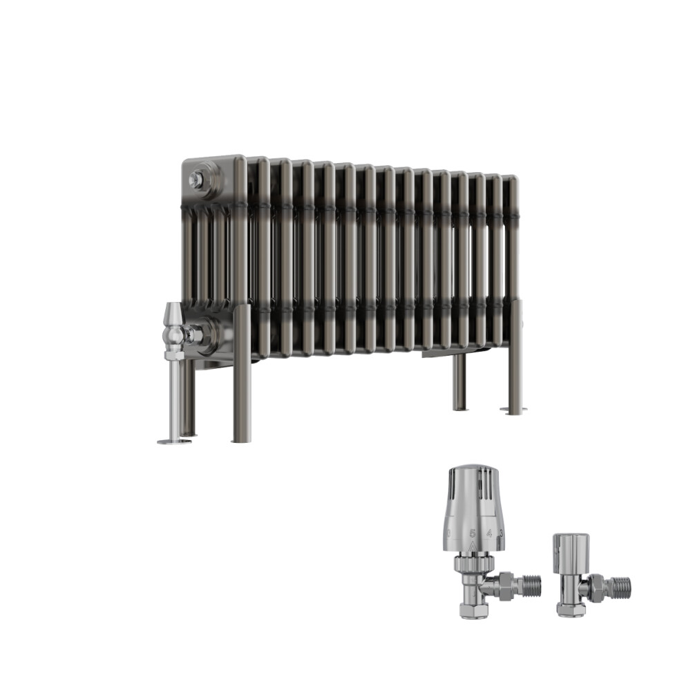 (300X695mm) Right Radiators Raw Metal Vertical Traditional 4 Column Cast Iron Style Radiator With Angled Thermostatic Valves 5063767945200