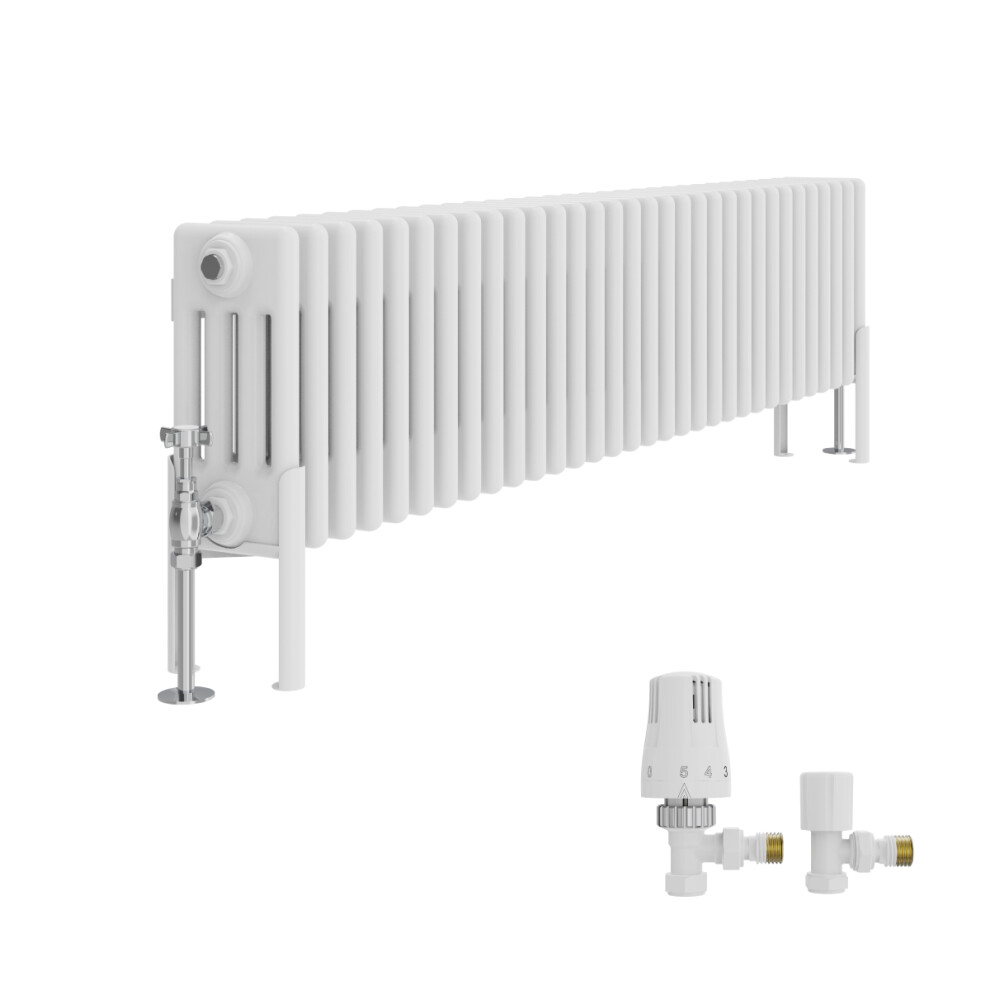 (300X1460mm) Right Radiators Traditional 4 Column Vertical Cast Iron Style Radiator White With Angled Thermostatic Valve 5063767943893