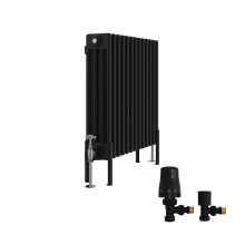 (600x605mm) Right Radiators Traditional 4 Column Vertical Cast Iron Style Radiator Black with Angled Thermostatic Valve