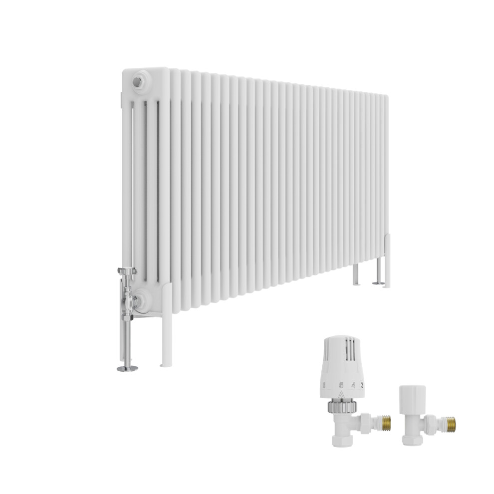 (600X1460mm) Right Radiators Traditional 4 Column Vertical Cast Iron Style Radiator White With Angled Thermostatic Valve 5063767943954