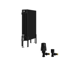 (600x425mm) Right Radiators Traditional 4 Column Vertical Cast Iron Style Radiator Black with Angled Thermostatic Valve