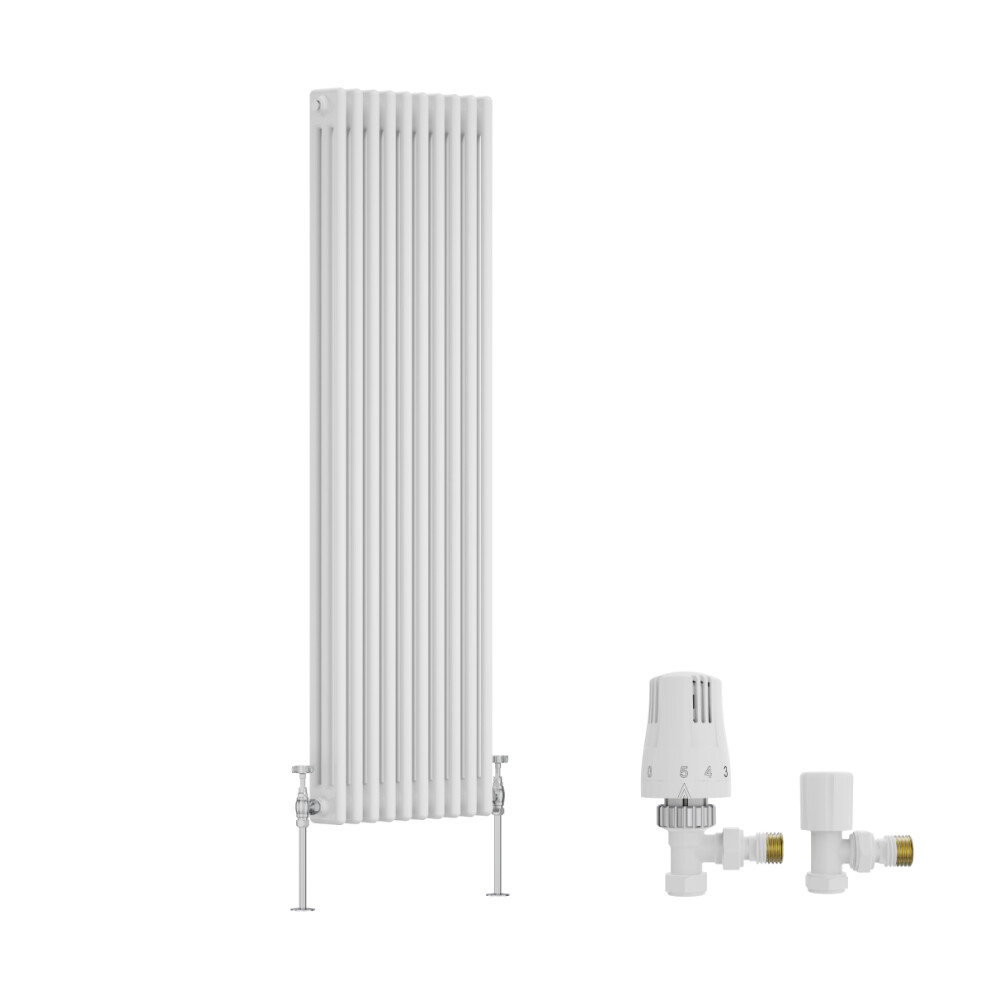 (1500X472mm) Right Radiators Traditional Triple Column Vertical Cast Iron Style Radiator White With Angled Thermostatic Valve 5063767943770