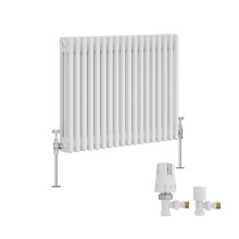 (600x832mm) Right Radiators Traditional Triple Column Vertical Cast Iron Style Radiator White with Angled Thermostatic Valve