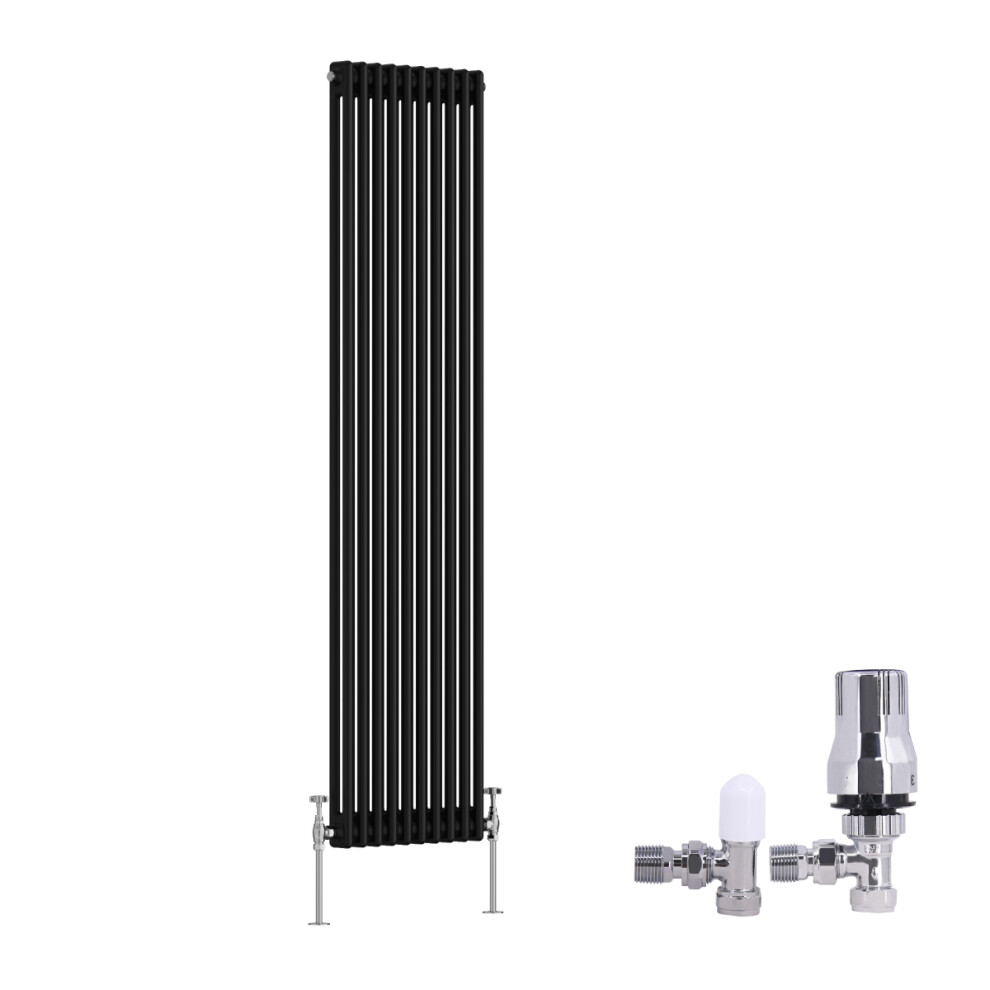 (1800X470mm) Right Radiators Traditional 2 Column Radiator Vertical Cast Iron Style Rads Black With Angled Thermostatic Valve 5063123991582