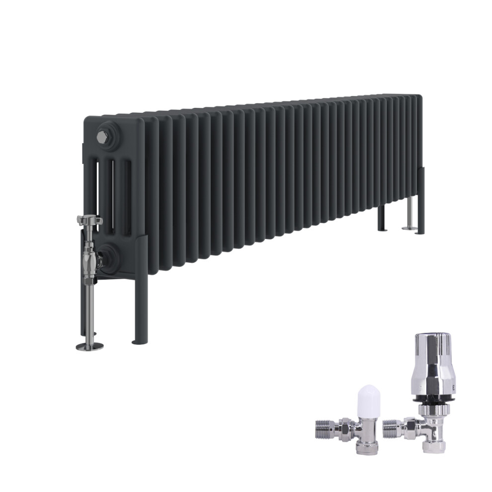 (300X1460mm) Right Radiators Traditional 4 Column Radiator Vertical Cast Iron Style Rads Anthracite With Angled Thermostatic Valve 5063123990554