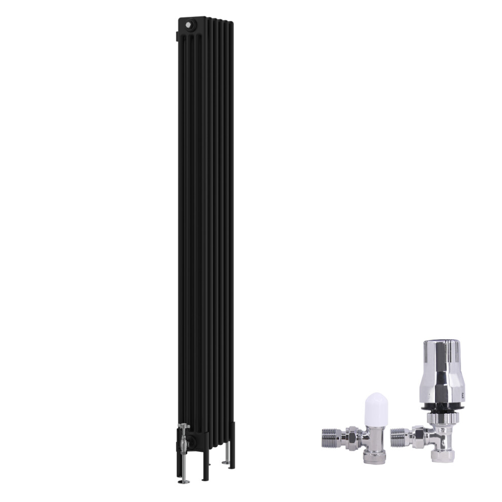 (1800X290mm) Right Radiators Traditional 4 Column Radiator Vertical Cast Iron Style Rads Black With Angled Thermostatic Valve 5063123992008