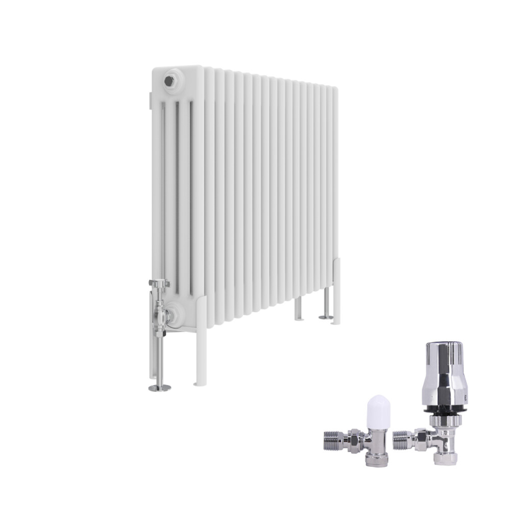 (600X830mm) Right Radiators Traditional 4 Column Radiator Vertical Cast Iron Style Rads White With Angled Thermostatic Valve 5063123991247