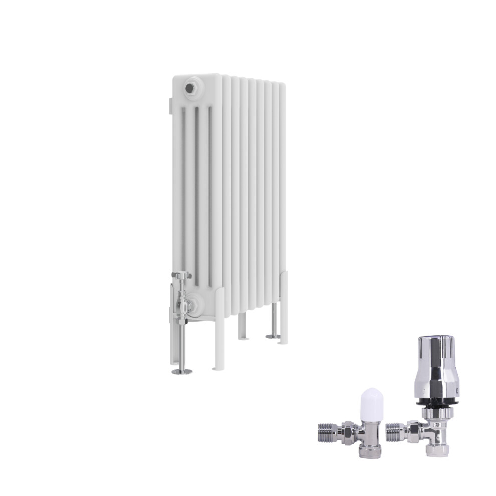 (600X425mm) Right Radiators Traditional 4 Column Radiator Vertical Cast Iron Style Rads White With Angled Thermostatic Valve 5063123991223