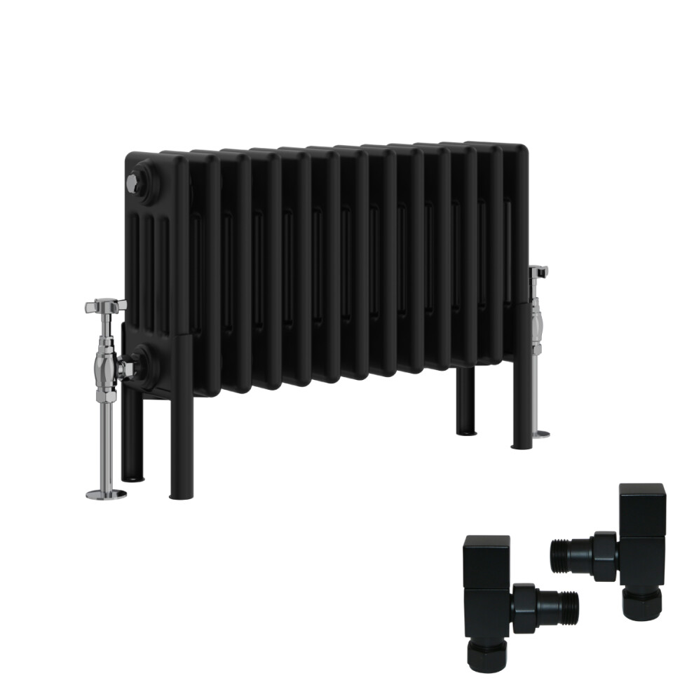 (300X605mm) Right Radiators Traditional 4 Column Radiator Vertical Cast Iron Style With Square Head Angled Valves 5063767574004