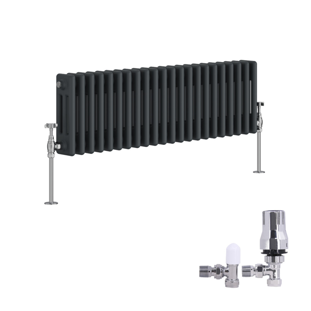 (300X1012mm) Right Radiators Traditional 3 Column Radiator Vertical Cast Iron Style Rads Anthracite With Angled Thermostatic Valve 5063123990318