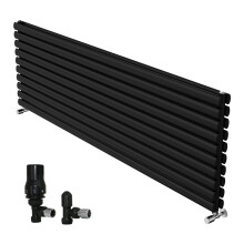 (1800x590mm) Right Radiators Horizontal Vertical Oval Column Designer Radiator Double Panel Black+Angled TRV & Lockshield Valve