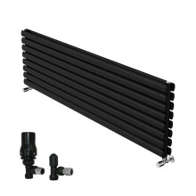 (1600x472mm) Right Radiators Horizontal Vertical Oval Column Designer Radiator Double Panel Black+Angled TRV & Lockshield Valve