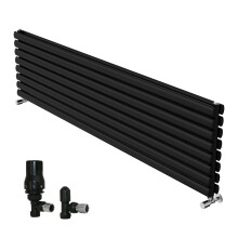 (1800x472mm) Right Radiators Horizontal Vertical Oval Column Designer Radiator Double Panel Black+Angled TRV & Lockshield Valve