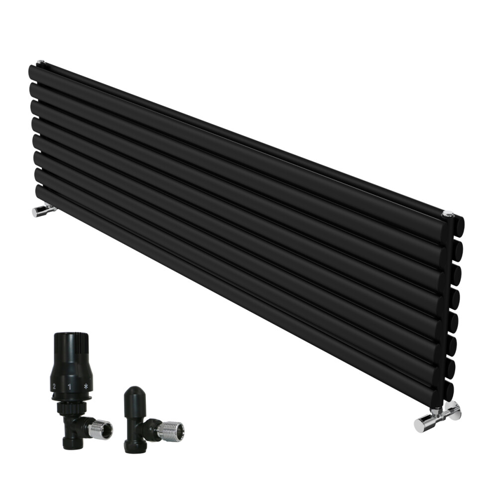 (1800X472mm) Right Radiators Horizontal Vertical Oval Column Designer Radiator Double Panel Black+Angled Trv & Lockshield Valve 5063767574646