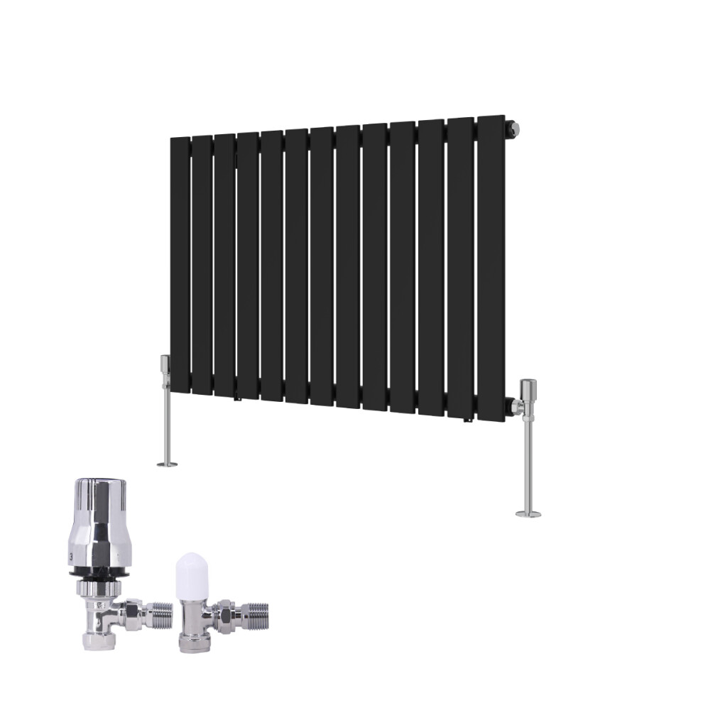 (600X884mm) Right Radiators Vertical Single Flat Panel Rads Designer Radiator Black With Angled Trv Thermostatic Valve 5063123993579