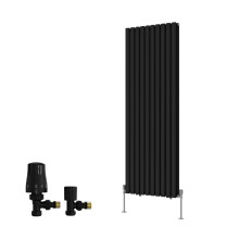 (1600x590mm) Right Radiators Double Vertical Designer Radiator Oval Column Rads Black with Angled TRV Thermostatic Valve