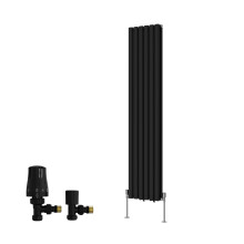 (1600x354mm) Right Radiators Double Vertical Designer Radiator Oval Column Rads Black with Angled TRV Thermostatic Valve