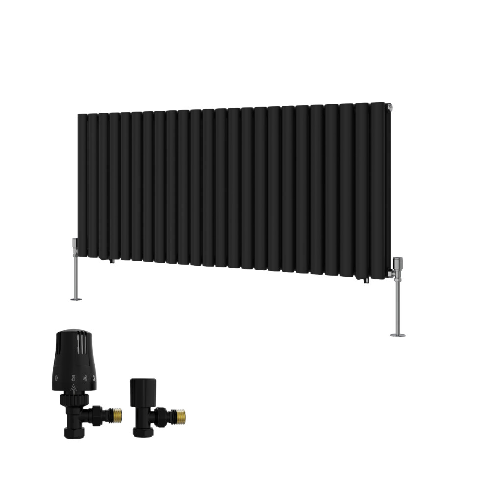 (600X1416mm) Right Radiators Double Vertical Designer Radiator Oval Column Rads Black With Angled Trv Thermostatic Valve 5063767946214