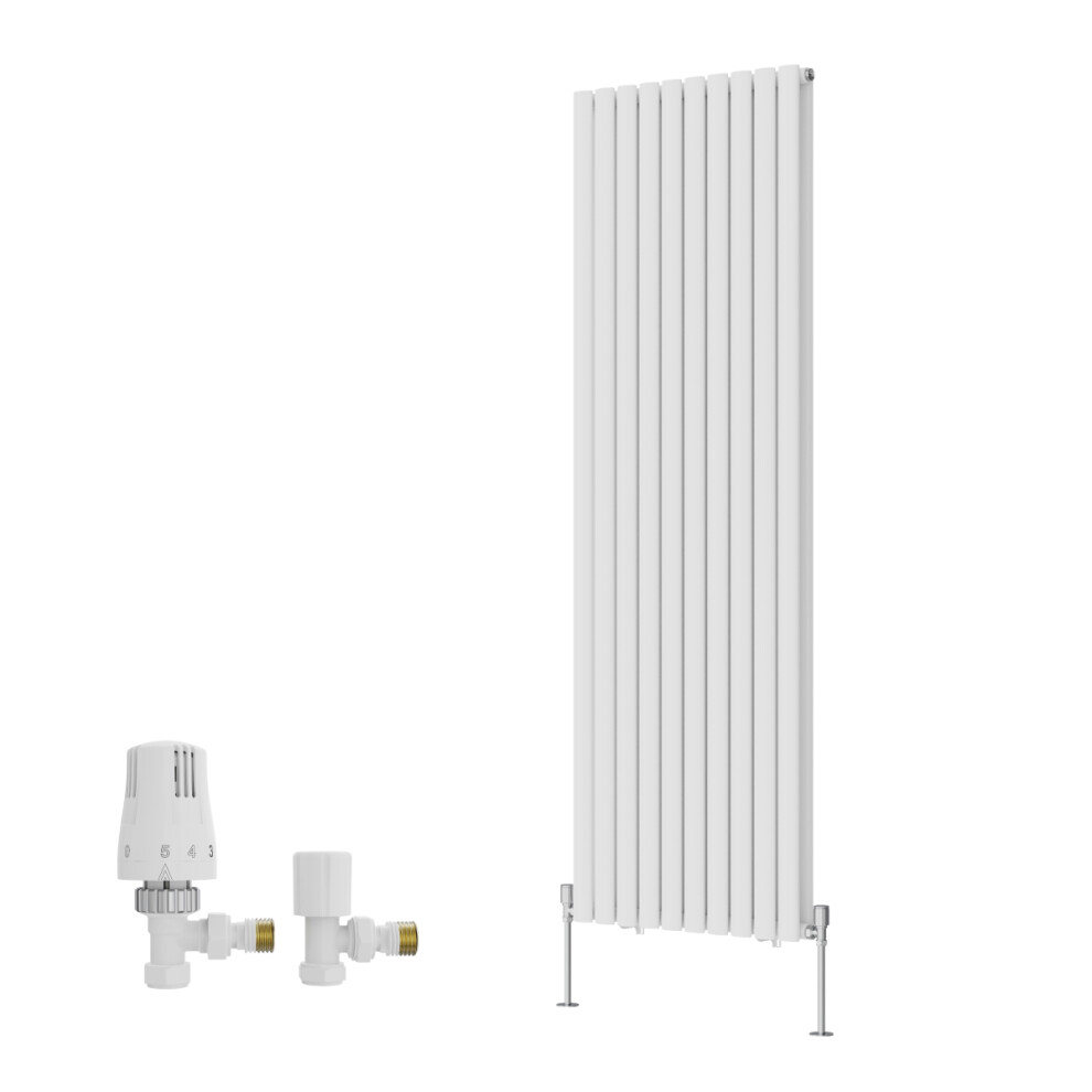 (1800X590mm) Right Radiators Double Vertical Designer Radiator Oval Column Rads White With Angled Trv Thermostatic Valve 5063767945705
