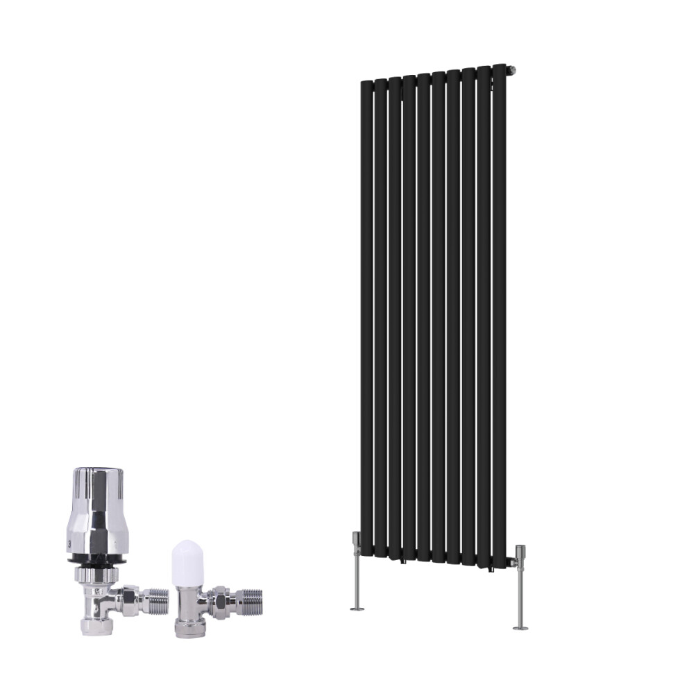 (1600X590mm) Right Radiators Vertical Single Oval Column Rads Designer Radiator Black With Angled Trv Thermostatic Valve 5063123992749