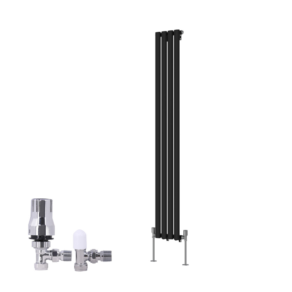 (1600X236mm) Right Radiators Vertical Single Oval Column Rads Designer Radiator Black With Angled Trv Thermostatic Valve 5063123992718