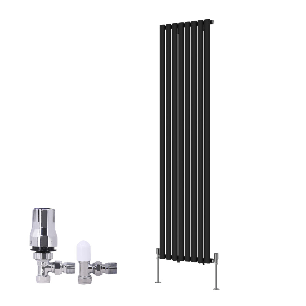 (1800X472mm) Right Radiators Vertical Single Oval Column Rads Designer Radiator Black With Angled Trv Thermostatic Valve 5063123992770
