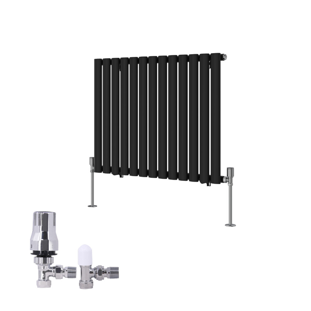 (600X767mm) Right Radiators Vertical Single Oval Column Rads Designer Radiator Black With Angled Trv Thermostatic Valve 5063123992664