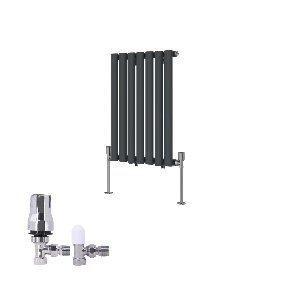 (600X413mm) Right Radiators Vertical Single Oval Column Rads Designer Radiator Anthracite With Angled Trv Thermostatic Valve 5063123992343