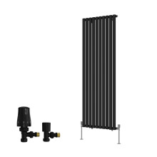 (1600x590mm) Right Radiators Single Vertical Designer Radiator Oval Column Rads Black with Angled TRV Thermostatic Valve