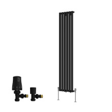 (1600x354mm) Right Radiators Single Vertical Designer Radiator Oval Column Rads Black with Angled TRV Thermostatic Valve