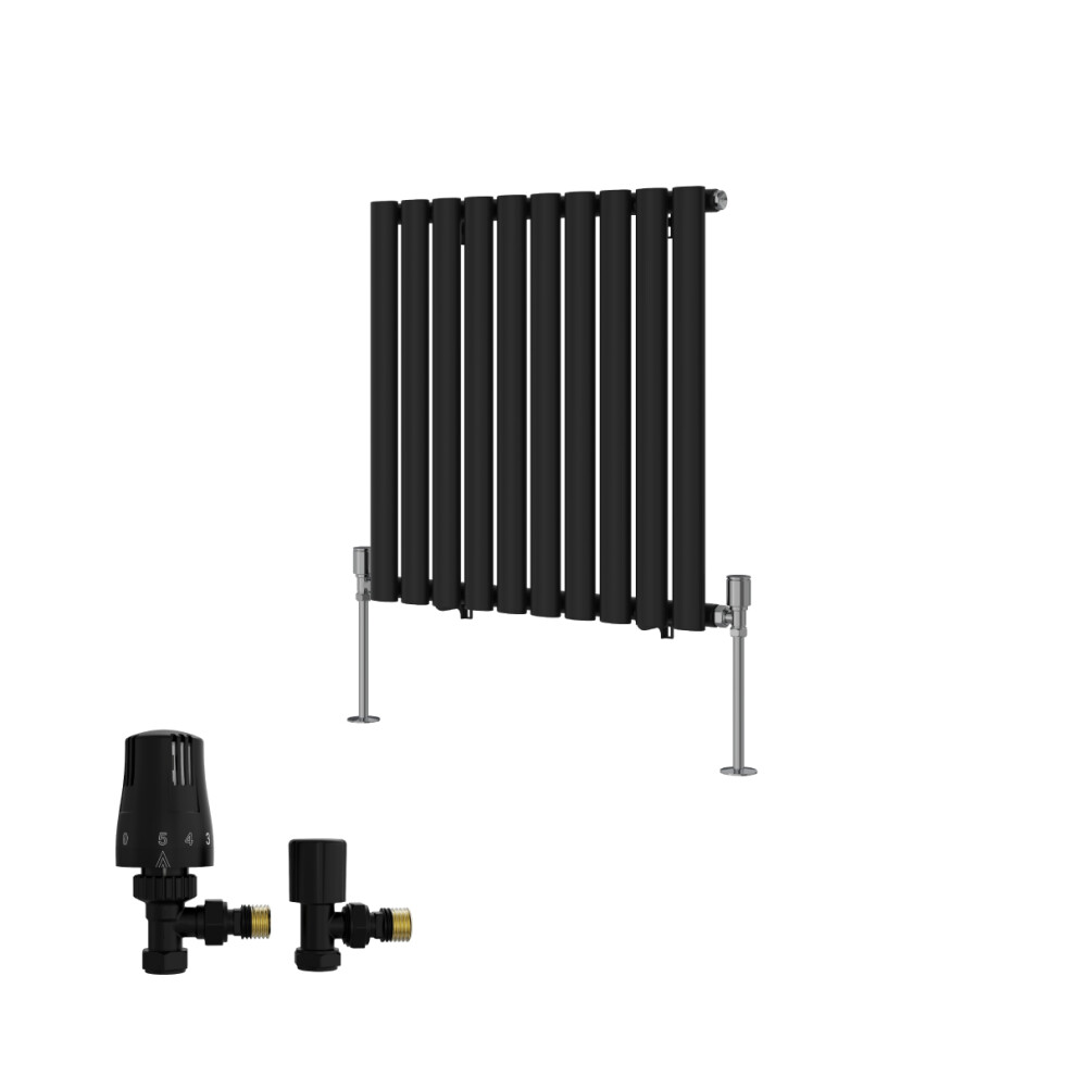 (600X590mm) Right Radiators Single Vertical Designer Radiator Oval Column Rads Black With Angled Trv Thermostatic Valve 5063767946023