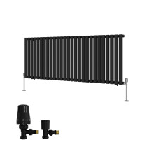 (600x1593mm) Right Radiators Single Vertical Designer Radiator Oval Column Rads Black with Angled TRV Thermostatic Valve