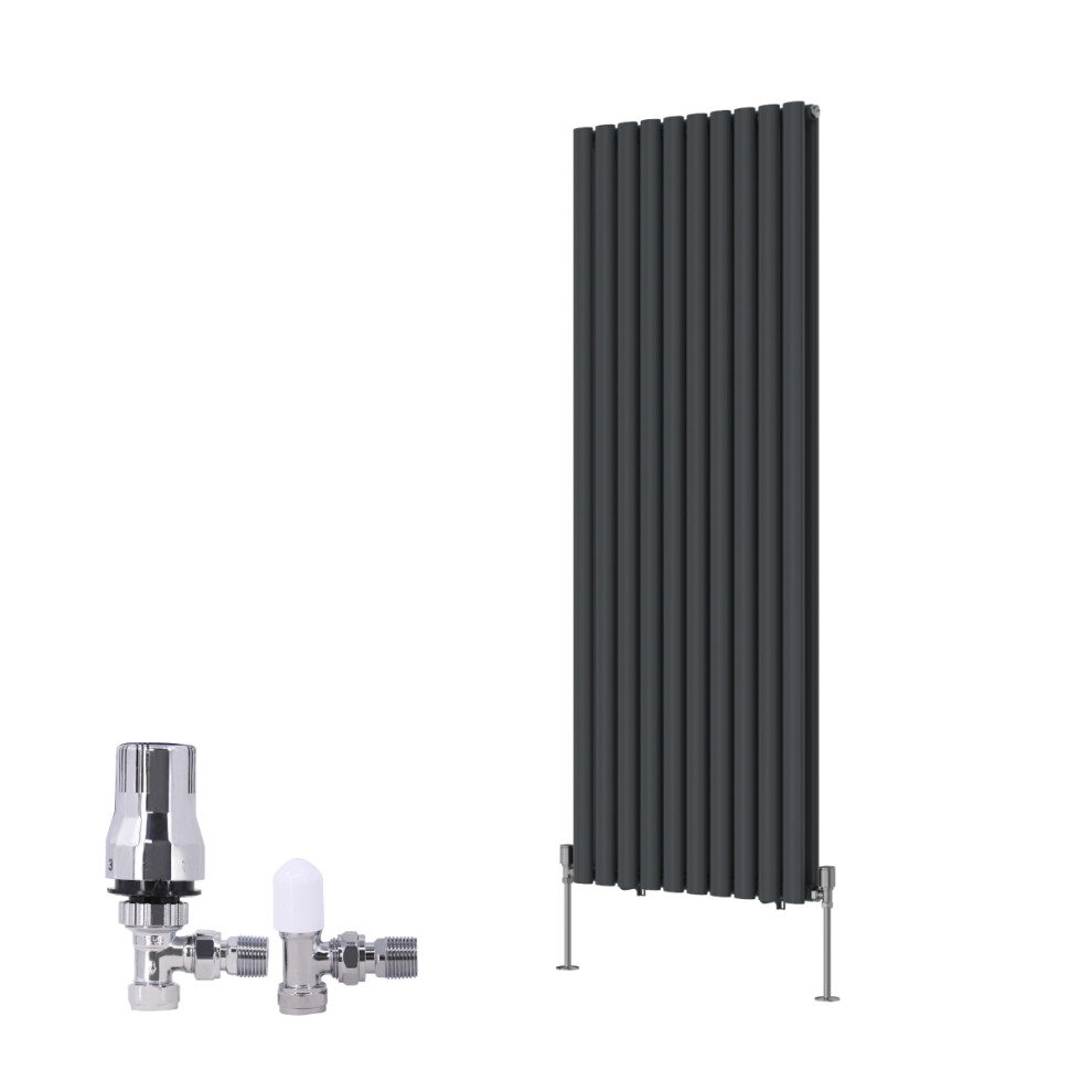 (1600X590mm) Right Radiators Vertical Double Oval Column Rads Designer Radiator Anthracite With Angled Trv Thermostatic Valve 5063123992596