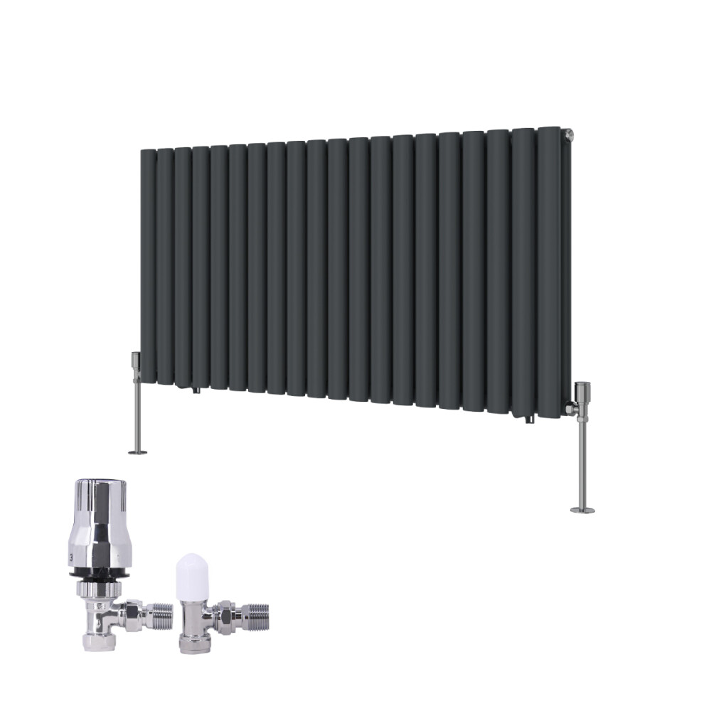 (600X1180mm) Right Radiators Vertical Double Oval Column Rads Designer Radiator Anthracite With Angled Trv Thermostatic Valve 5063123992534