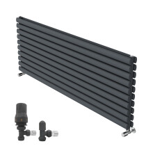 (1600x590mm) Right Radiators Horizontal Vertical Oval Column Designer Radiator Double Panel Anthracite+Angled TRV & Lockshield Valve