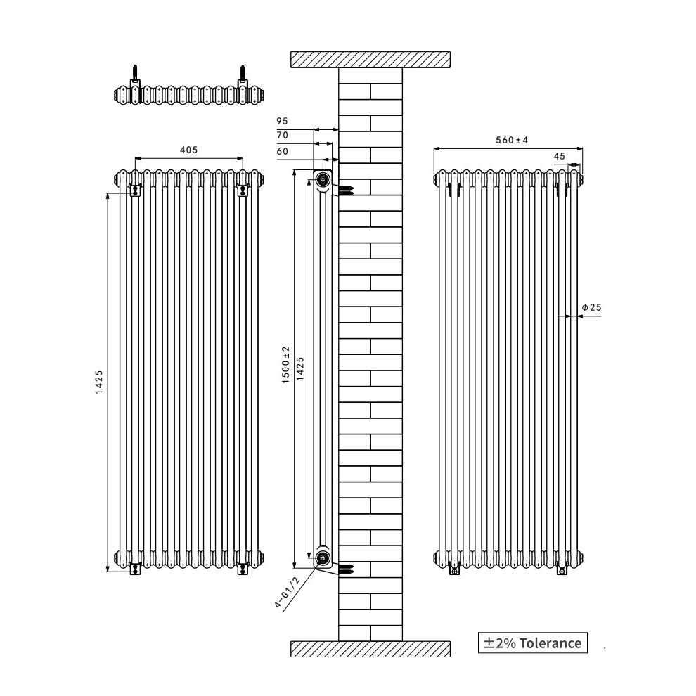 Right Radiators 1500X560 Mm Vertical Traditional 2 Column Cast Iron Style Radiator Black 5063123412650