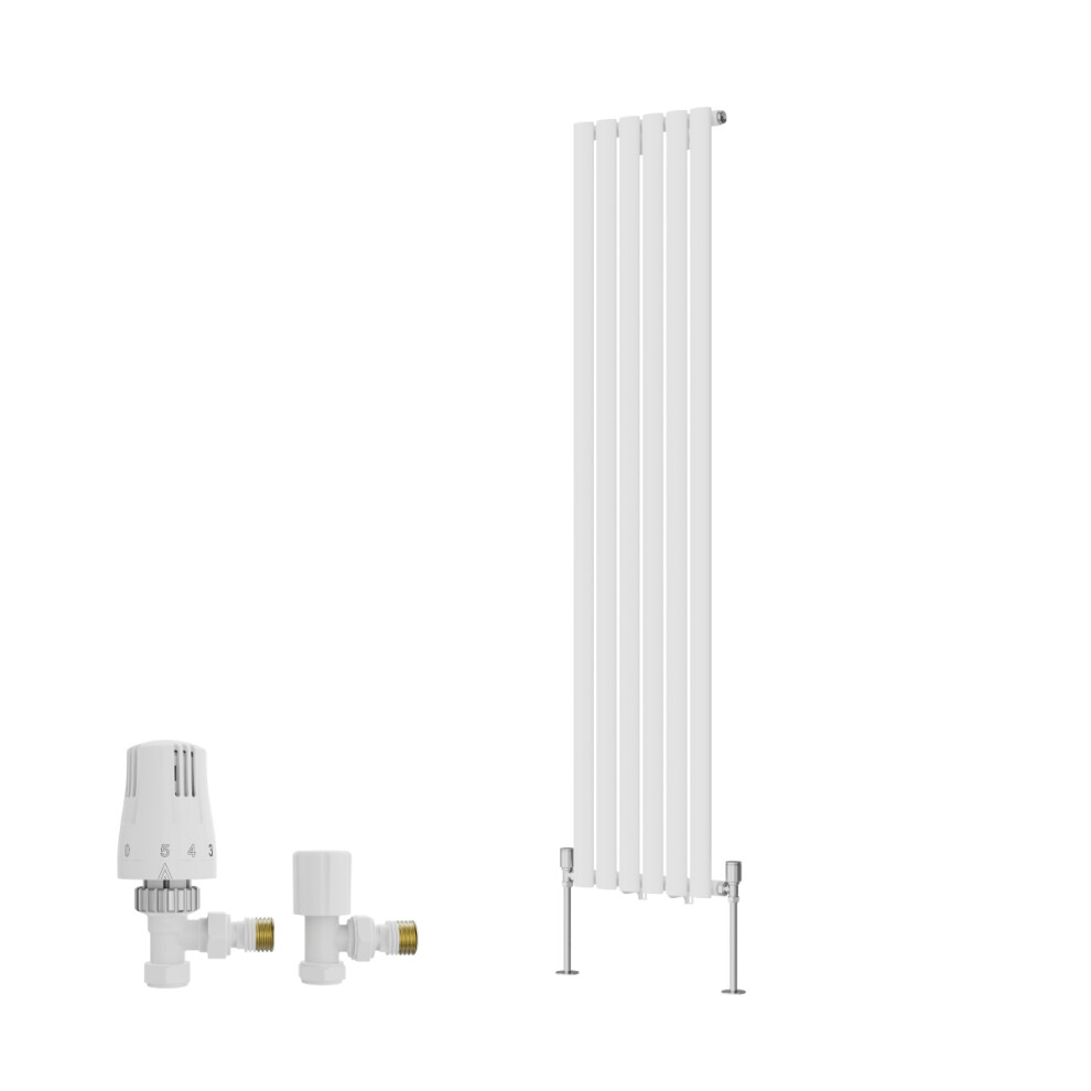 (1600X354mm) Right Radiators Single Vertical Designer Radiator Oval Column Rads White With Angled Trv Thermostatic Valve 5063767945491