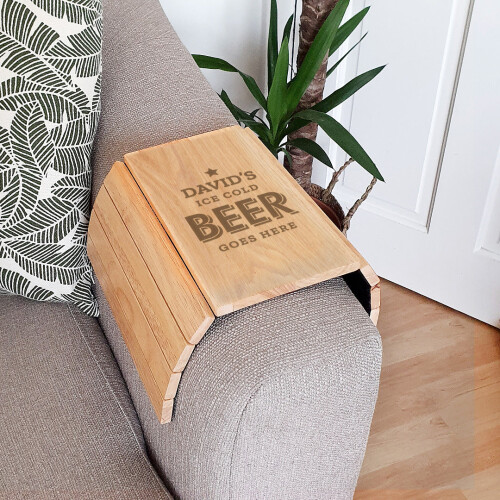 Personalised Wooden Sofa Tray - Beer Goes Here 2