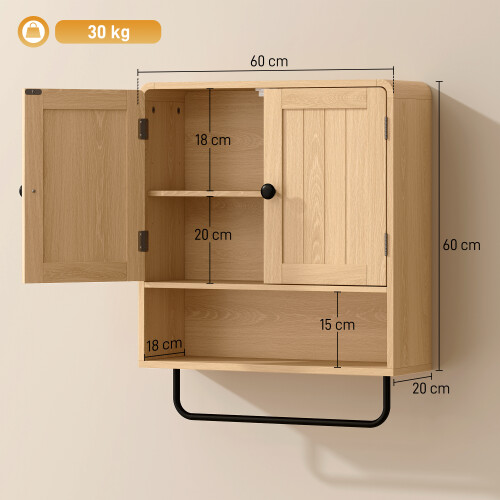 Homcom HOMCOM Bathroom Cabinet with 2 Doors and Adjustable Shelf, Oak 2