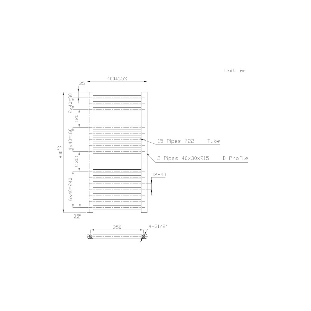 Right Radiators 800X400 Mm Straight Heated Towel Rail Radiator Bathroom Ladder Warmer Black 5063123421096