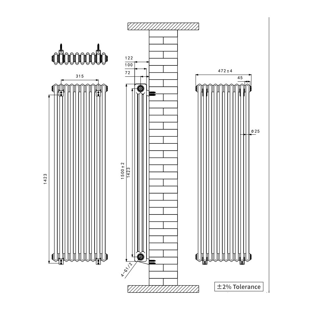 (1500X472mm) Right Radiators Traditional 3 Column Radiator Vertical Cast Iron Style With Antique Design Angled Trv Valves 5063767571287
