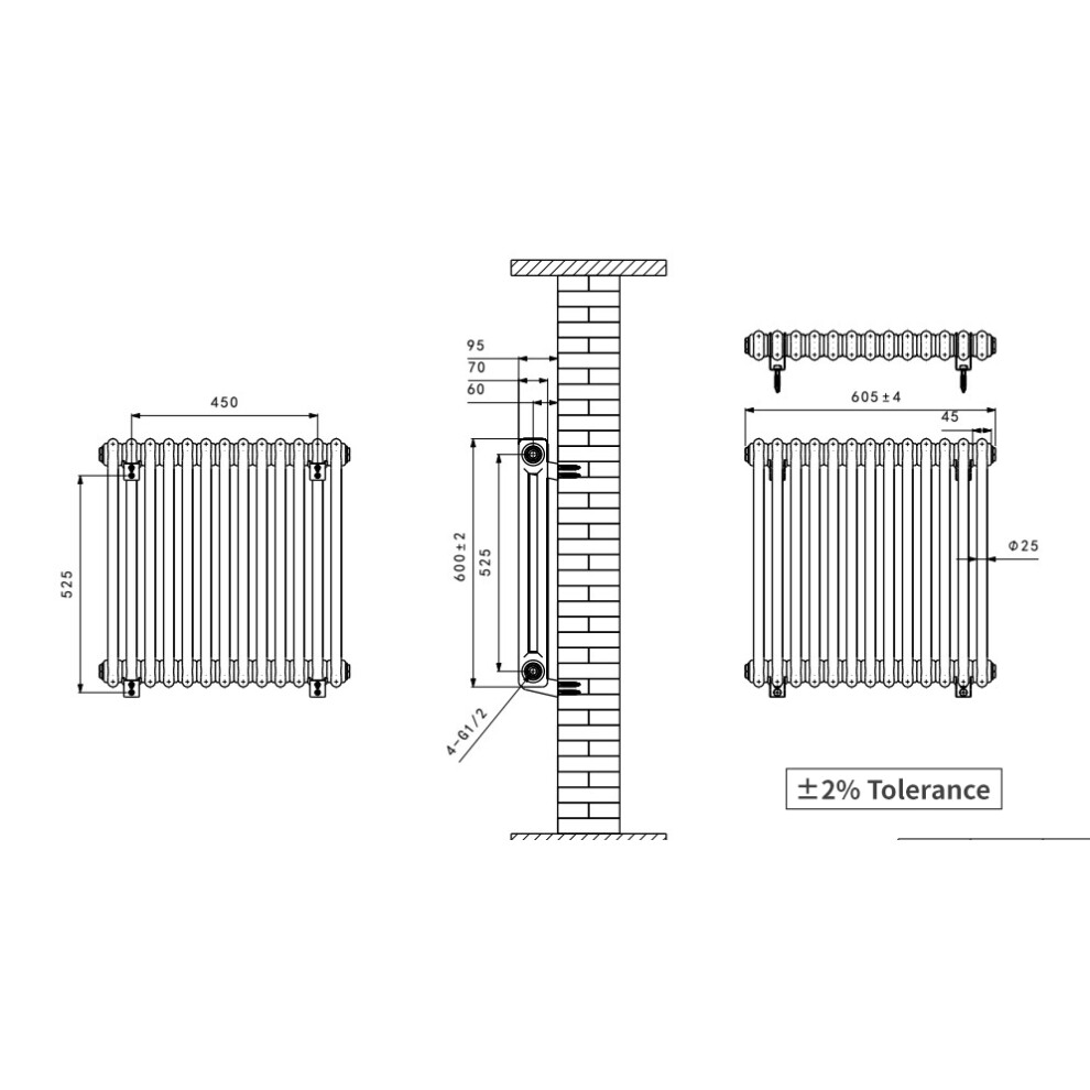 (600X605mm) Right Radiators Traditional 2 Column Radiator Vertical Cast Iron Style With Angled Thermostatic Valve 5063123996549