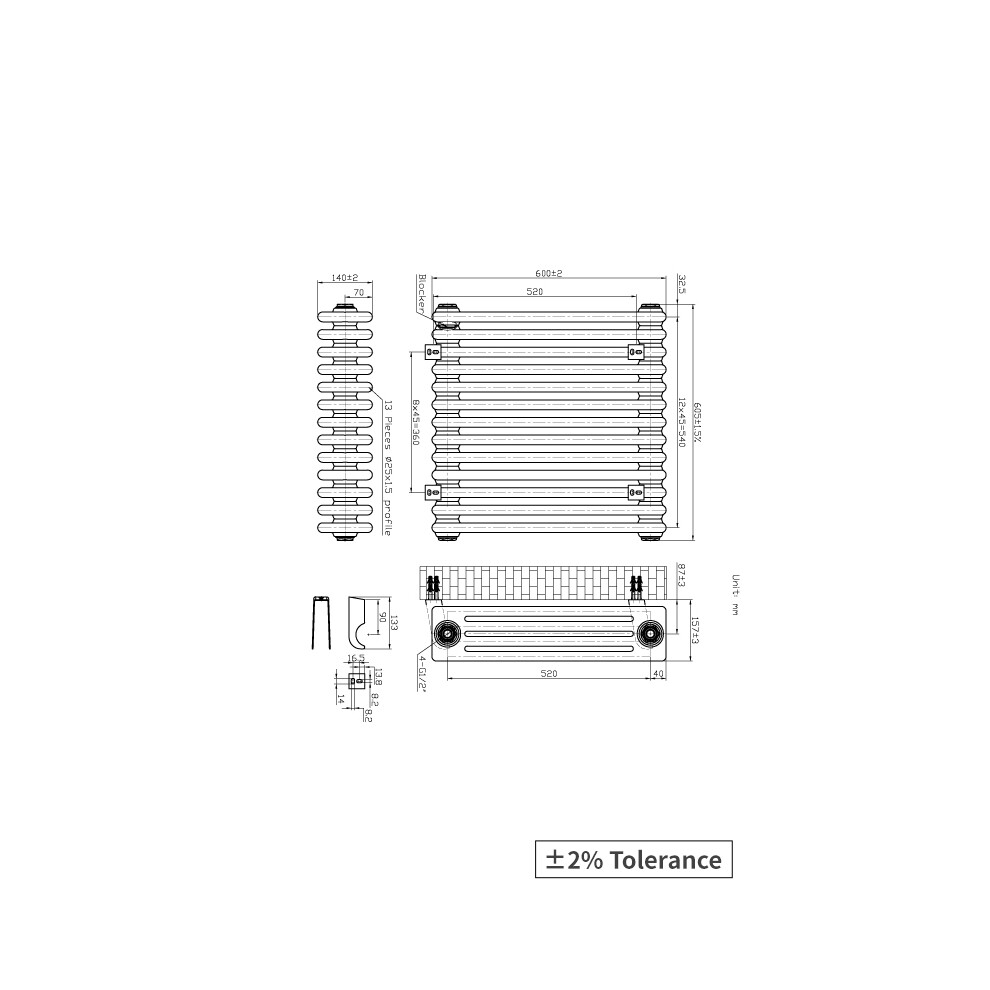 (600X605mm) Right Radiators Raw Metal Vertical Traditional 4 Column Cast Iron Style Radiator With Angled Thermostatic Valves 5063767945262