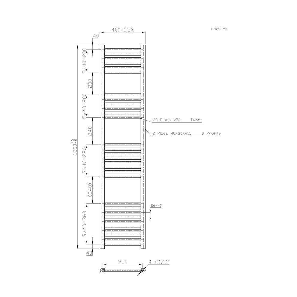 Right Radiators 1800X400 Mm Straight Heated Towel Rail Radiator Bathroom Ladder Warmer Chrome 5063123421867
