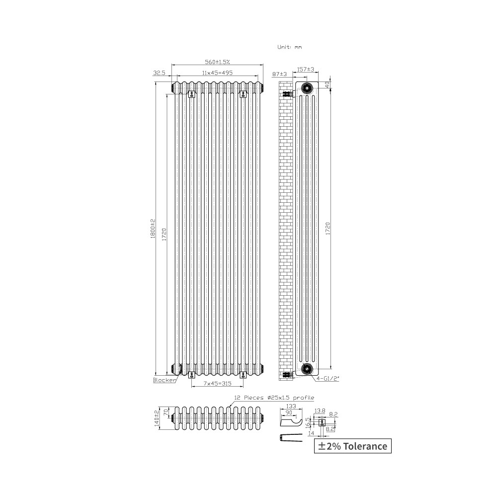 (1800X560mm) Right Radiators Traditional 4 Column Vertical Cast Iron Style Radiator Black With Angled Thermostatic Valve 5063767944715