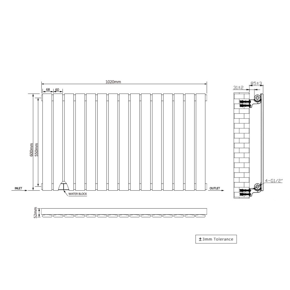 (600X1020mm) Right Radiators Vertical Single Flat Panel Rads Designer Radiator Anthracite With Angled Trv Thermostatic Valve 5063123993289