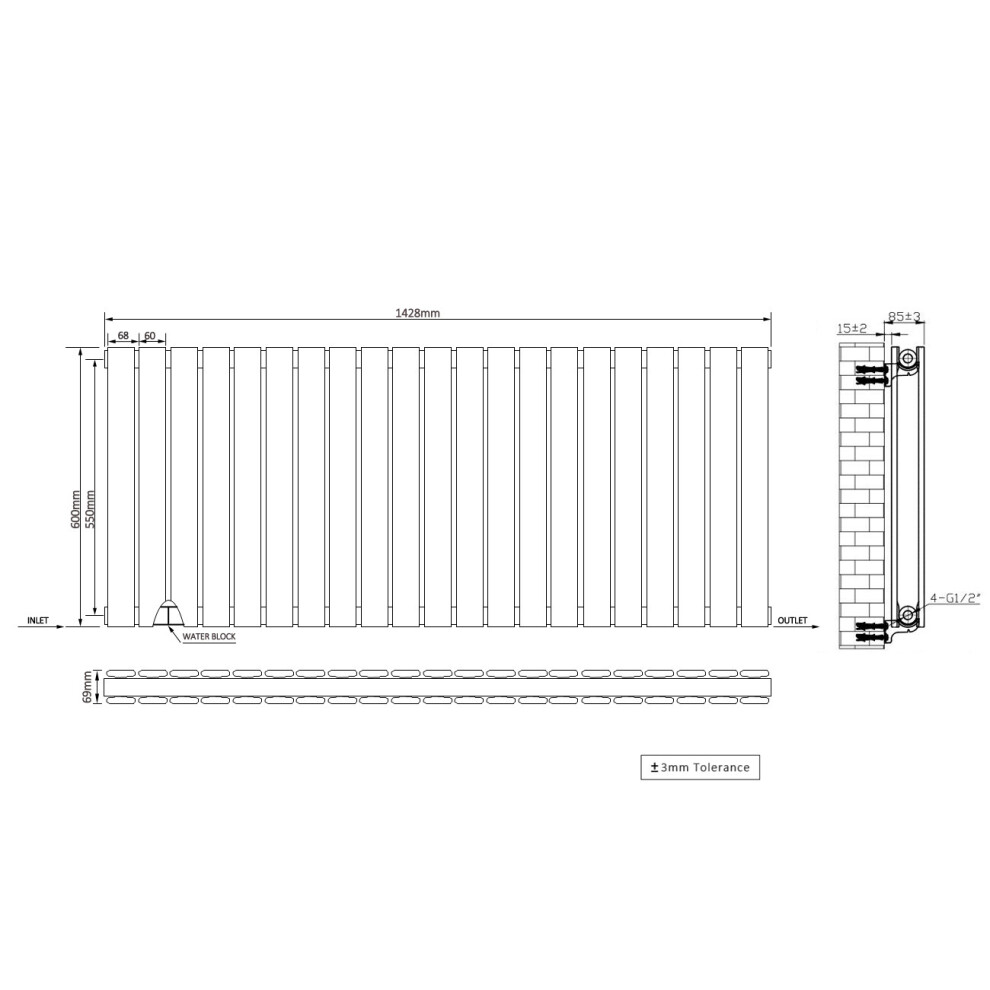 Right Radiators 600X1428 Mm Horizontal Double Flat Panel Designer Radiator Black 5063123410304