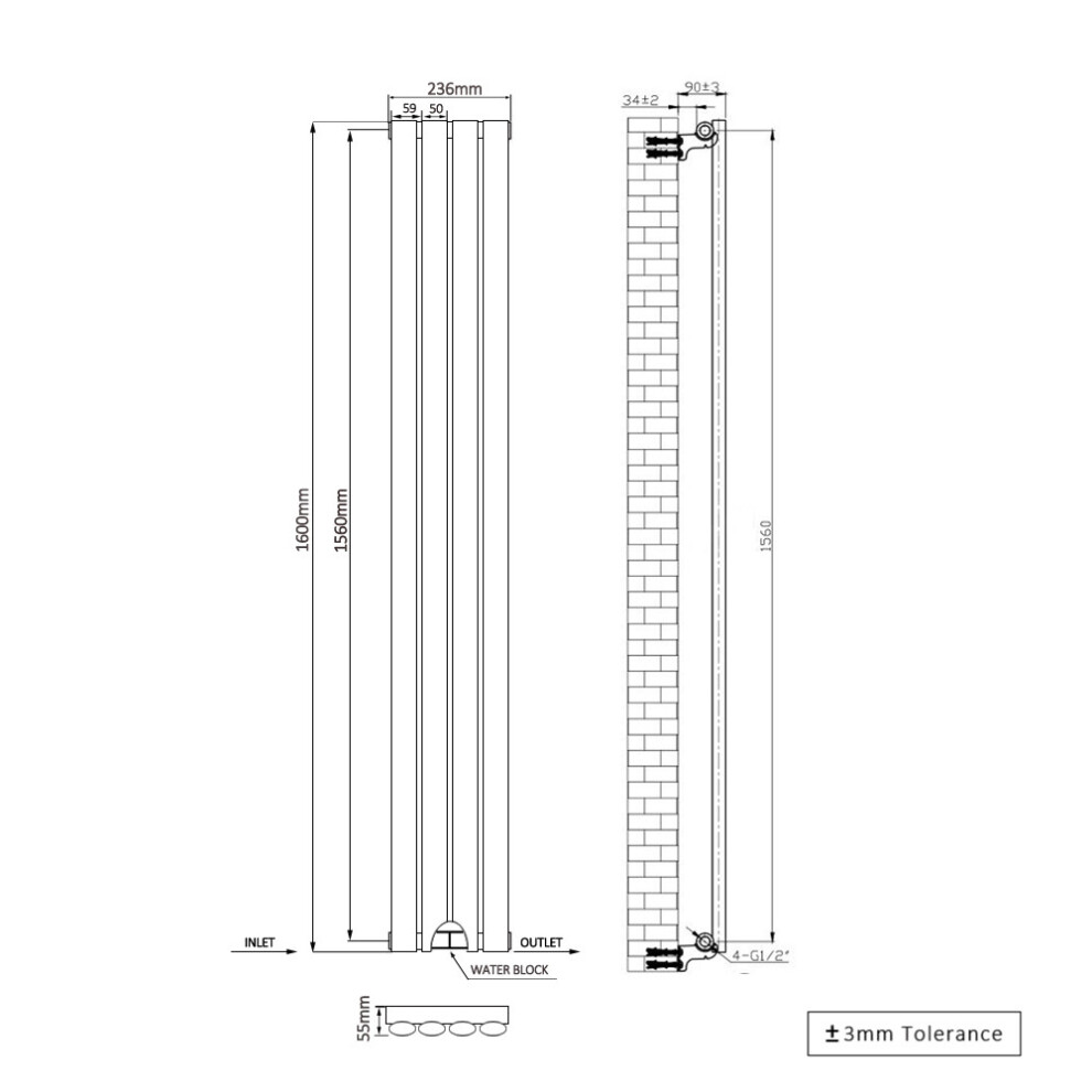 (1600X236mm) Right Radiators Single Vertical Designer Radiator Oval Column Rads Black With Angled Trv Thermostatic Valve 5063767946085